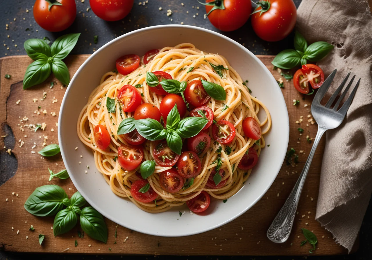 Spaghetti with diced tomatoes and basil