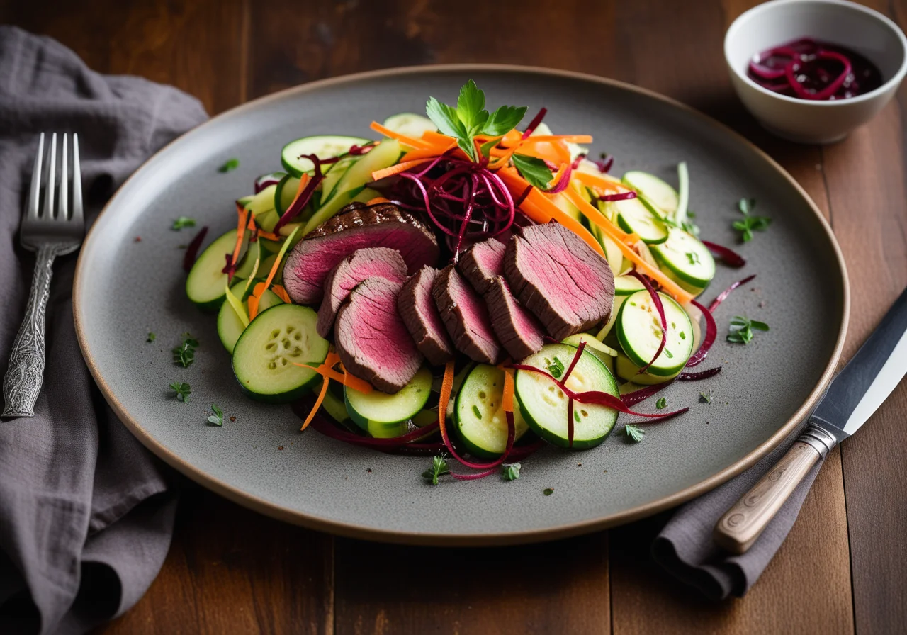 Strips of Filet Steak with Vegetable Salad and Coriander