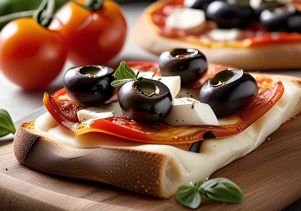Pizza-Toasts with Tomatoes, Olives and Mozzarella