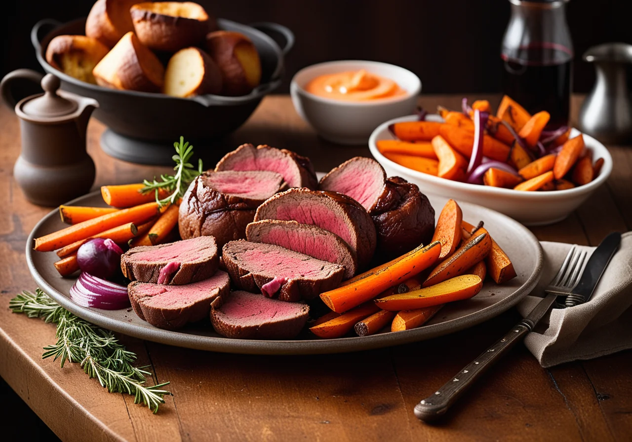 Roastbeef and Yorkshire Pudding with Carrots and Red Onions
