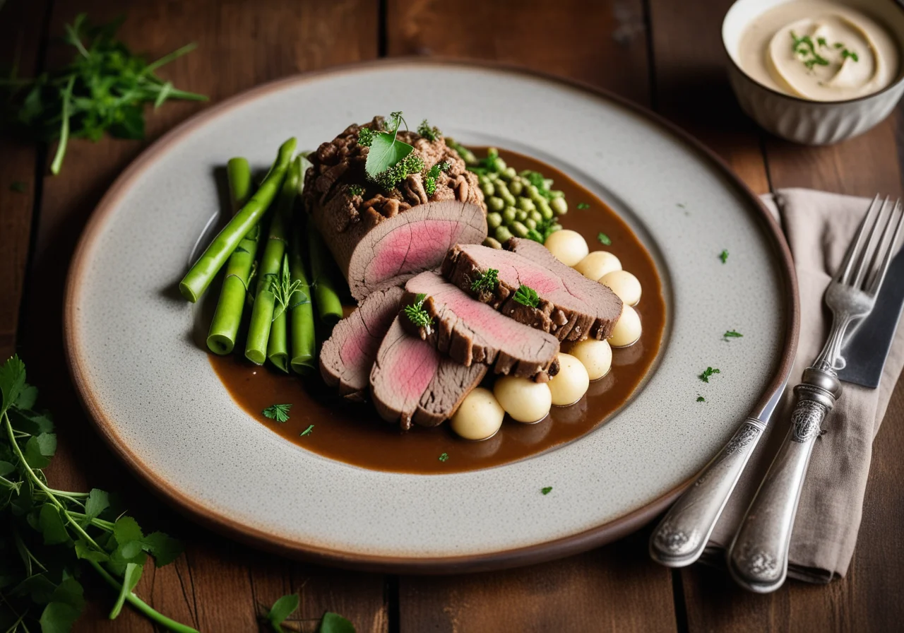 Veal Roast on Asparagus and Morel Bed