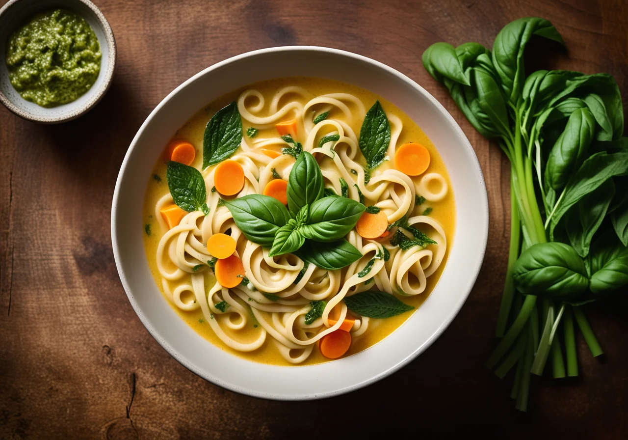 Vegetable Noodle Soup with Pesto