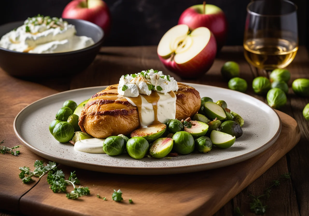 Chicken Breast with Brussels Sprouts and Apples Baked with Goat Cheese