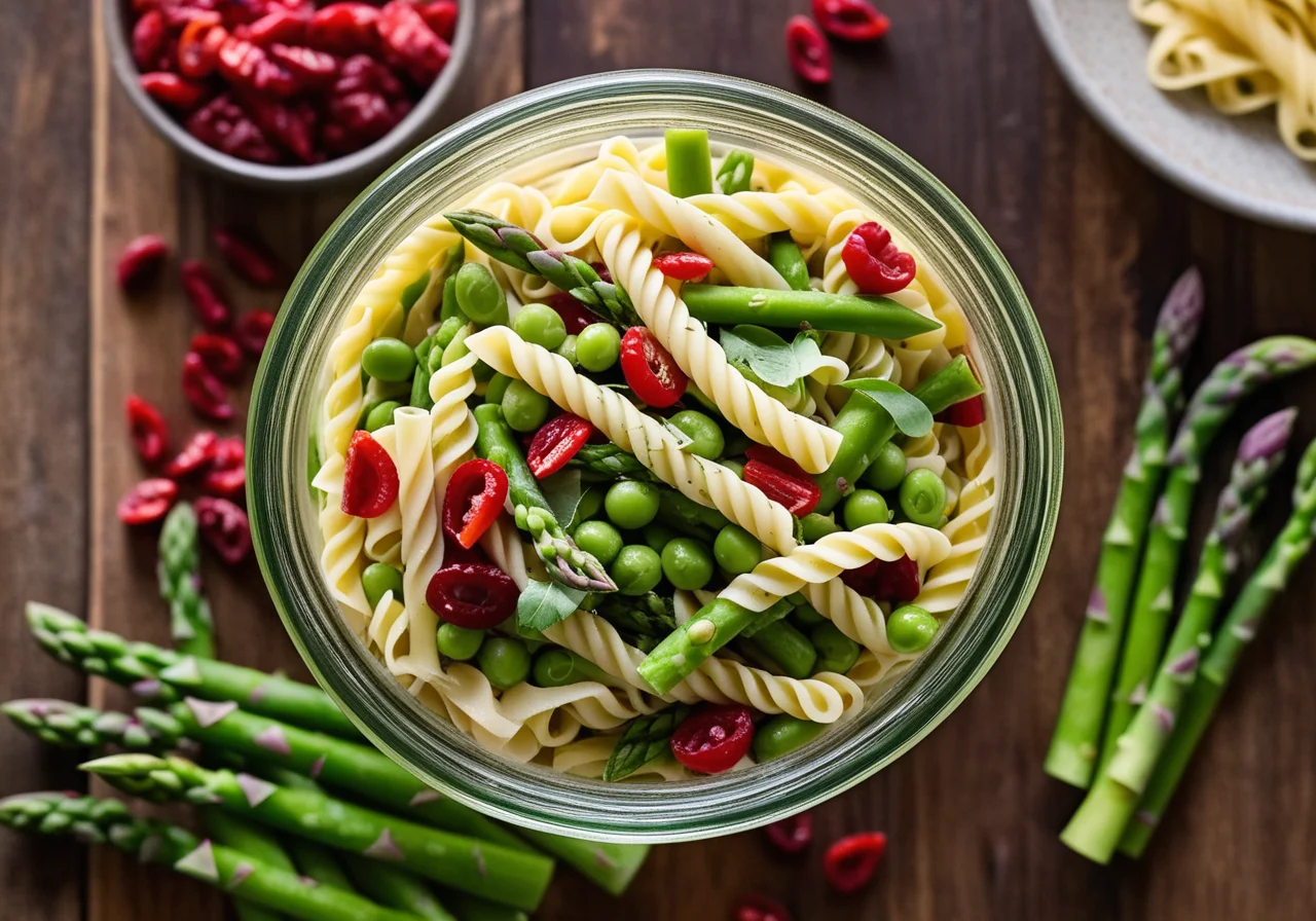 Glass jar pasta salad with asparagus and peas