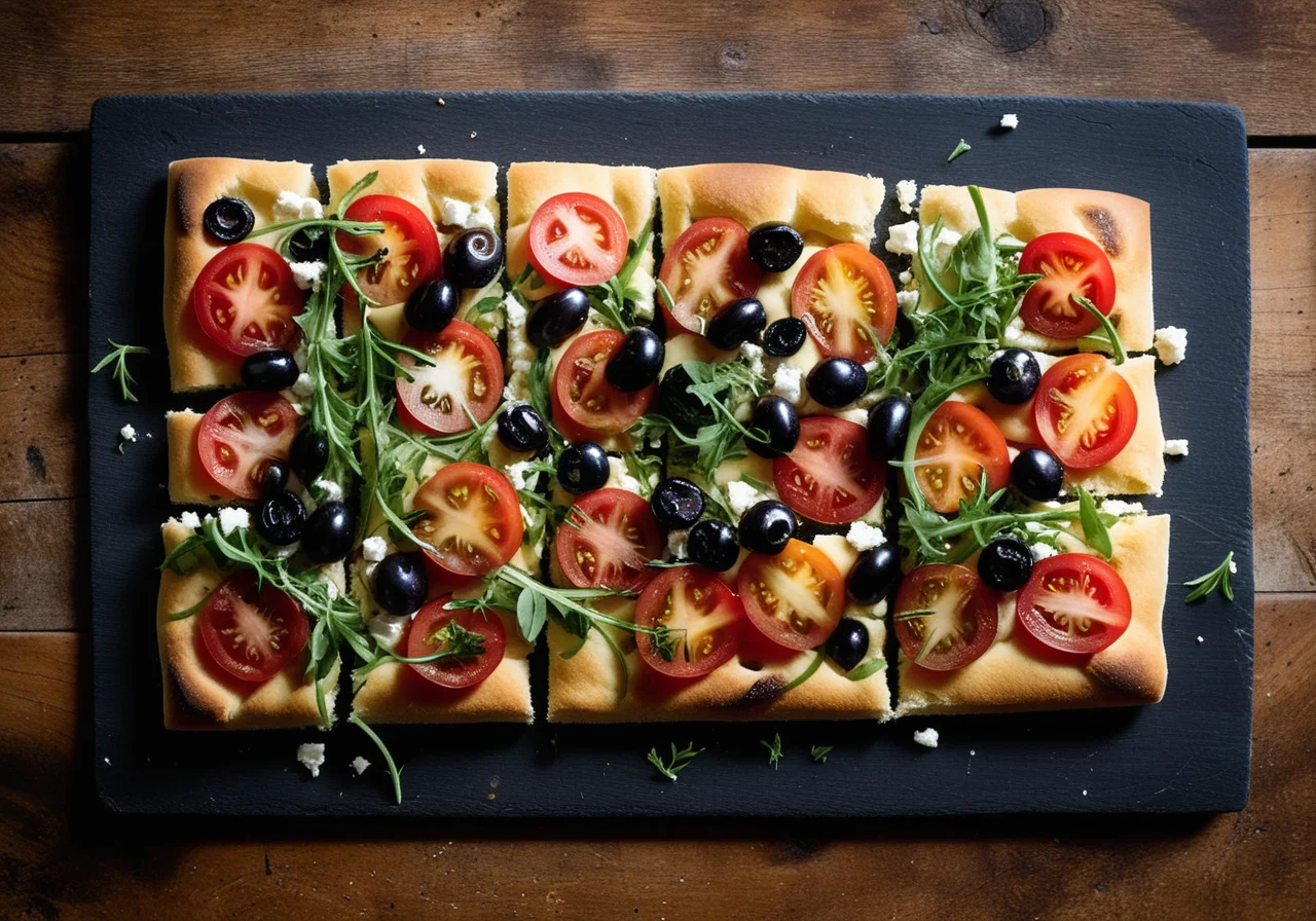 Tuscan Bread (Focaccia) with Arugula, Tomatoes and Spanish Cheese
