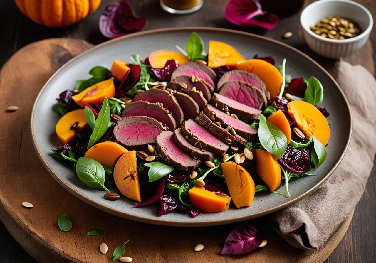 Pan-Seared Venison Fillet on Autumn Salad with Pumpkin Seed Pesto