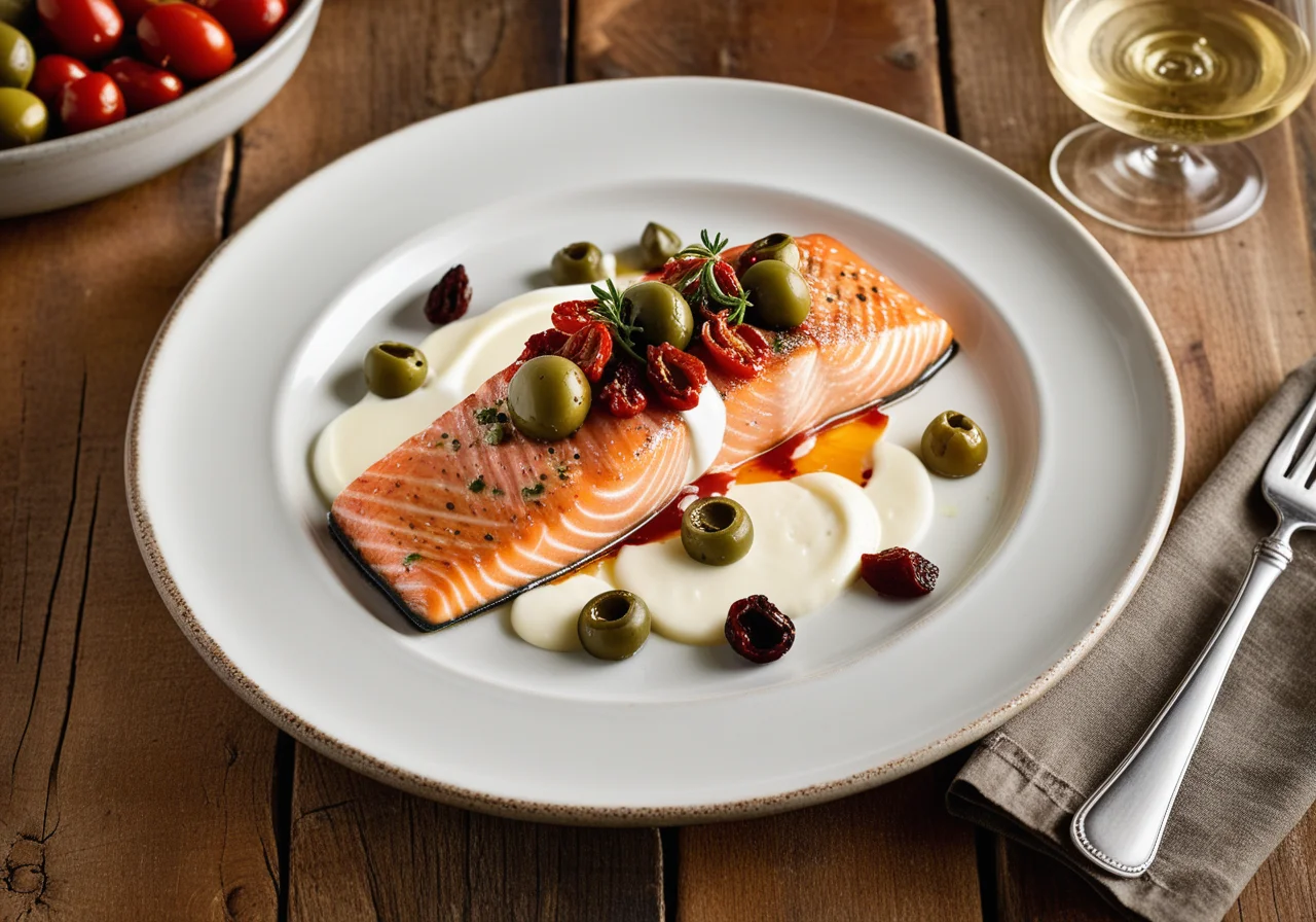 Salmon Fillets with Mozzarella, Sun-Dried Tomatoes, and Olives