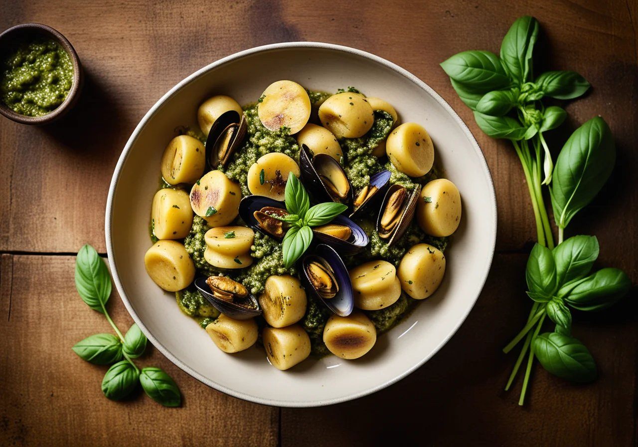 Potato gnocchi with mussels and pesto