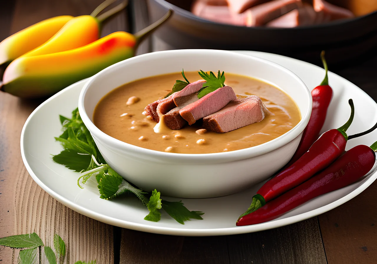 Meat Fondue with Chutney and Peanut Sauce
