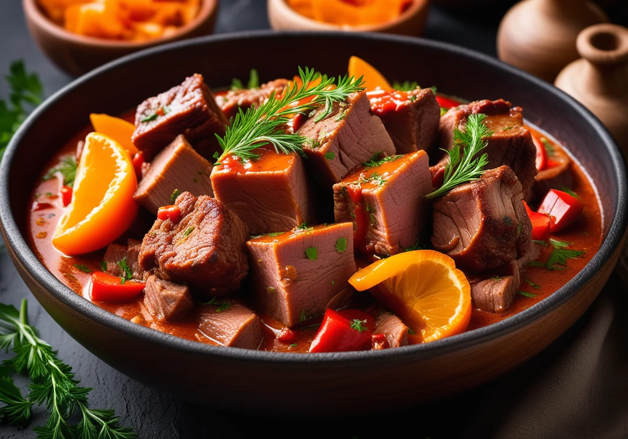 Pork Knuckle Goulash with Red Bell Peppers and Dill