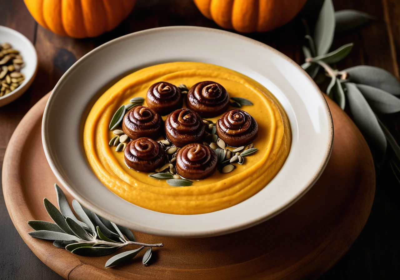 Snail Sausage with Apples and Pumpkin Puree