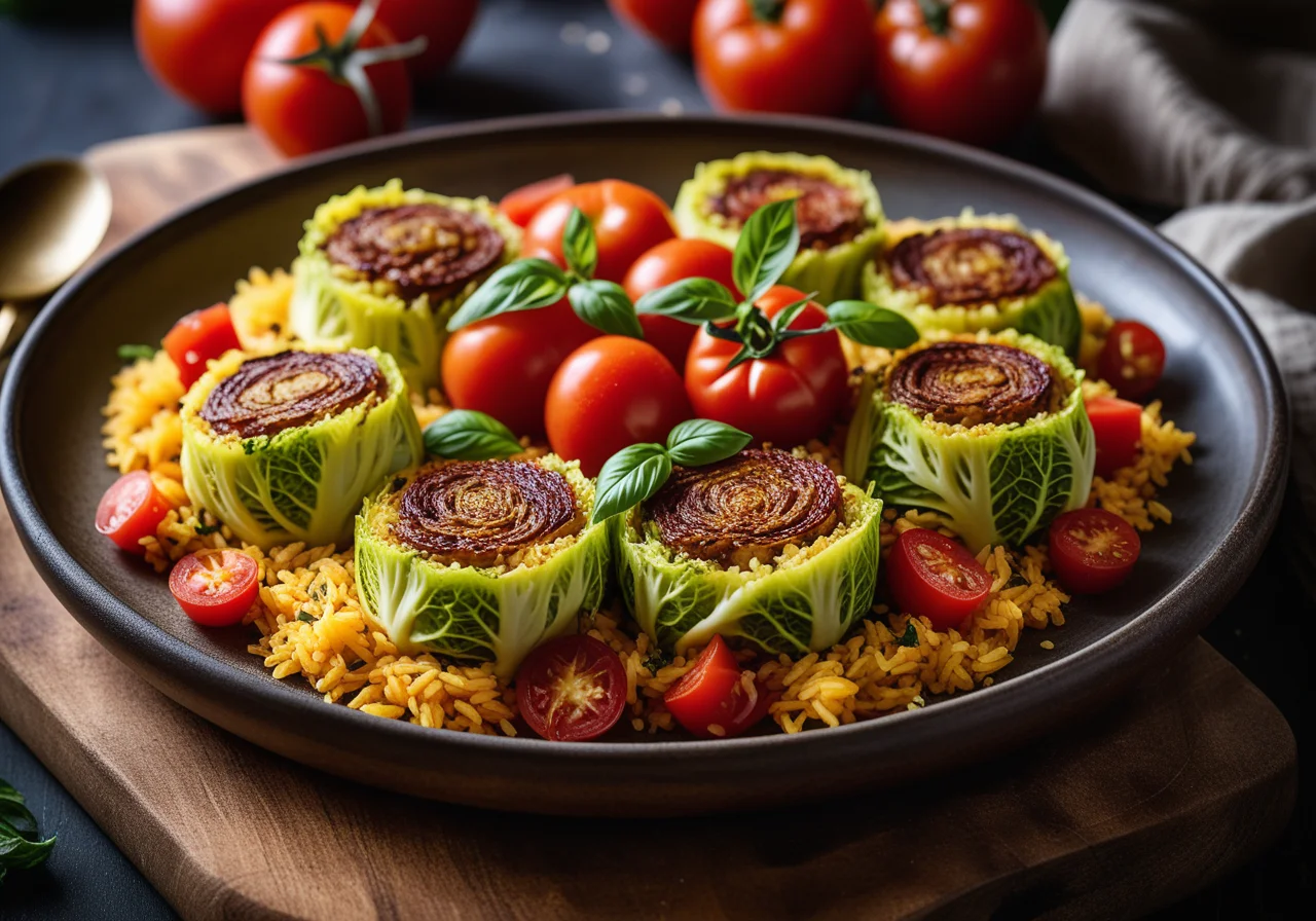 Rouladen made with Savoy cabbage and tomato rice