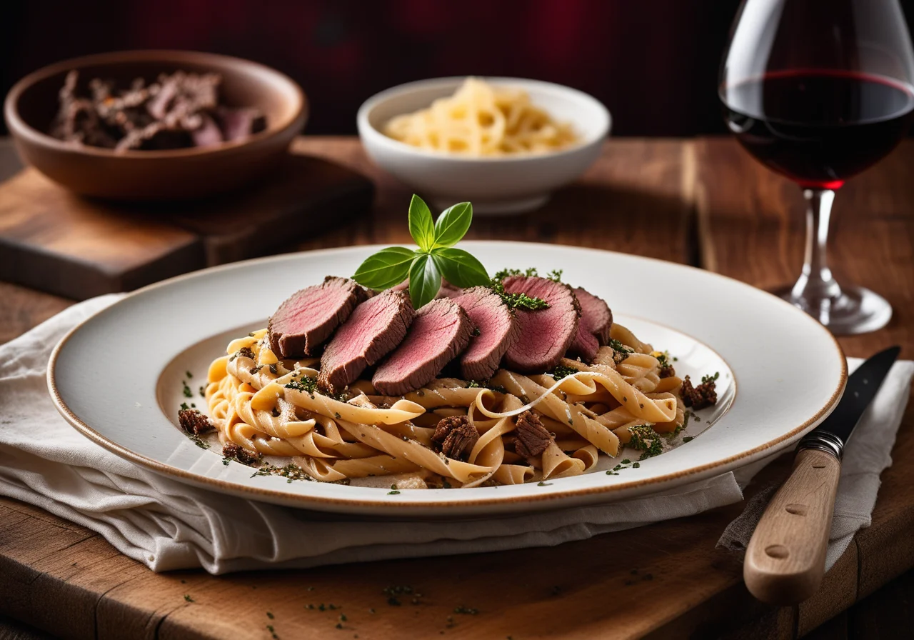 Pasta with Beef Fillet Slices and Port Wine Morel Sauce
