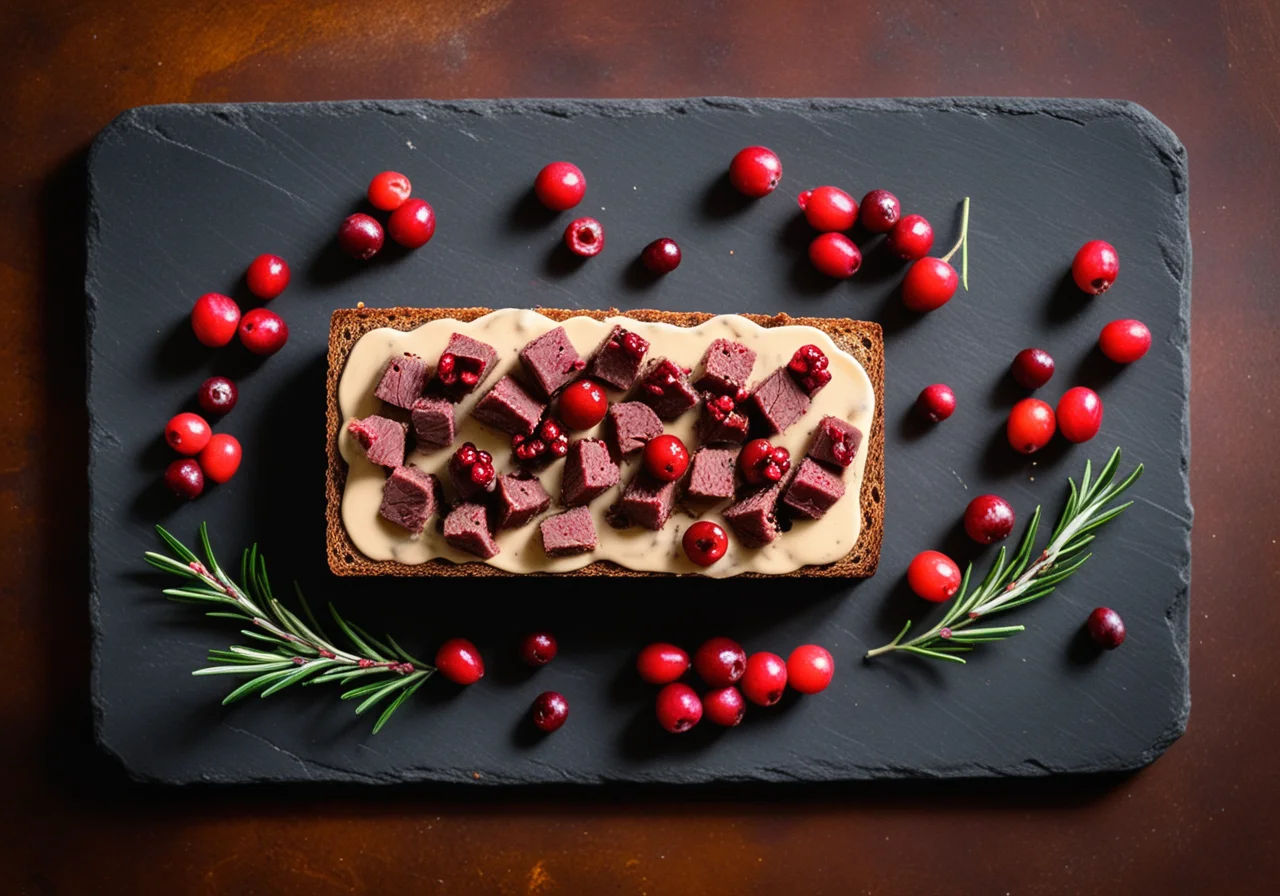 Bread topped with Venison, Lingonberries and Pâté