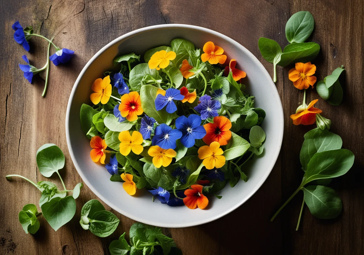 Leafy Salad with Colorful Edible Flowers