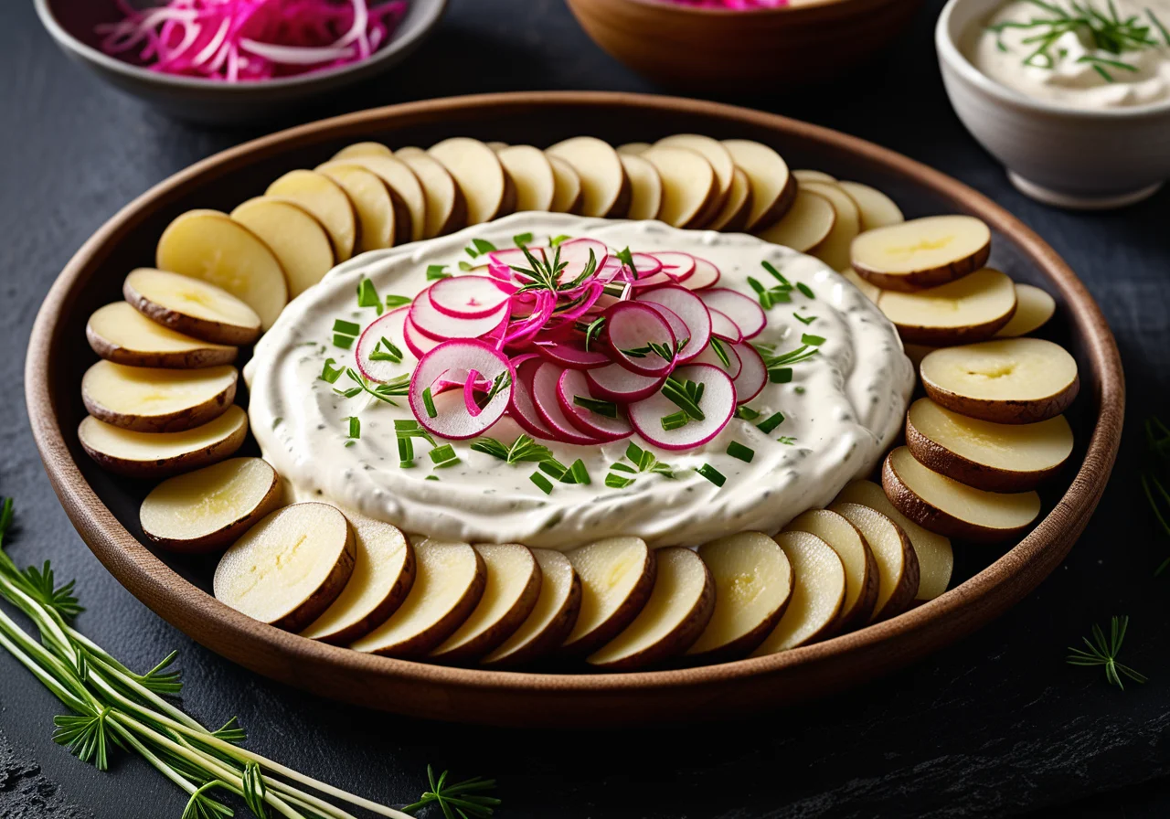 Chopped Herring on Potatoes with Cream Drizzle
