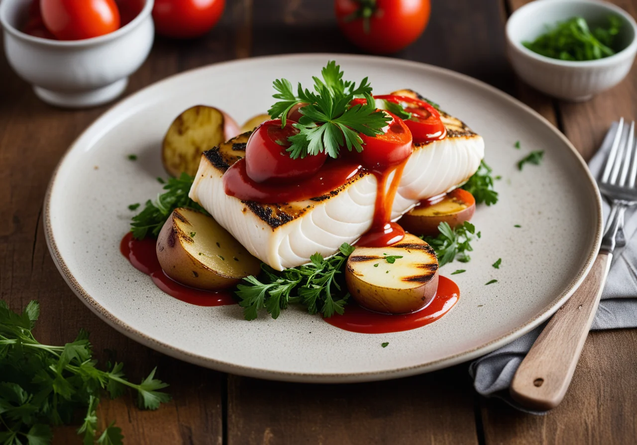 Cod with Herb Cap, Potatoes and Tomato Sauce