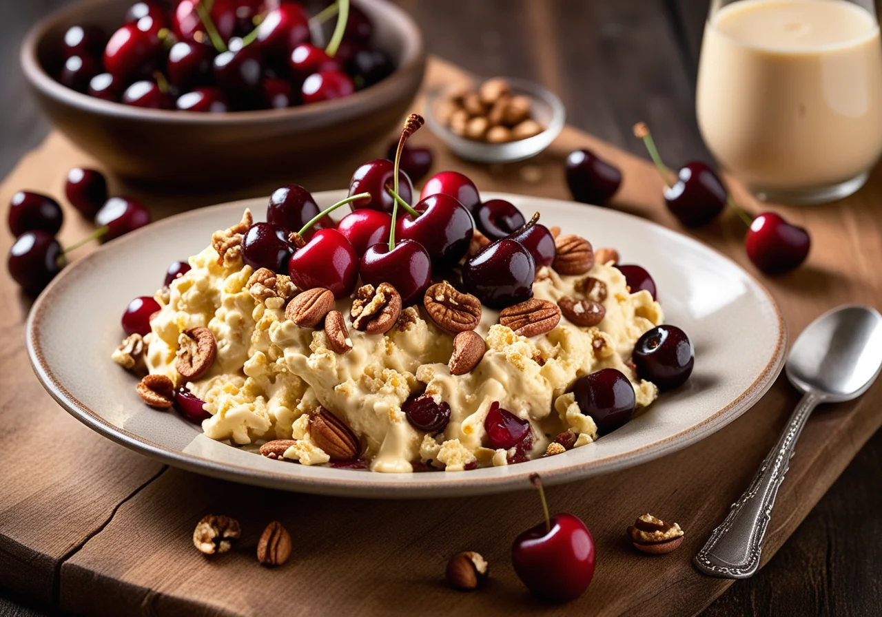 Sour Cream Scramble with Nuts and Cherry Compote