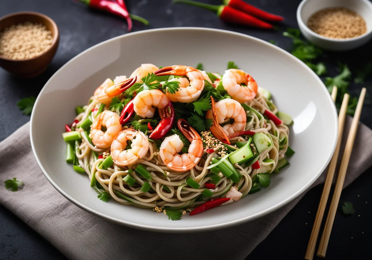 Sesame Noodle Salad with Chili Shrimp