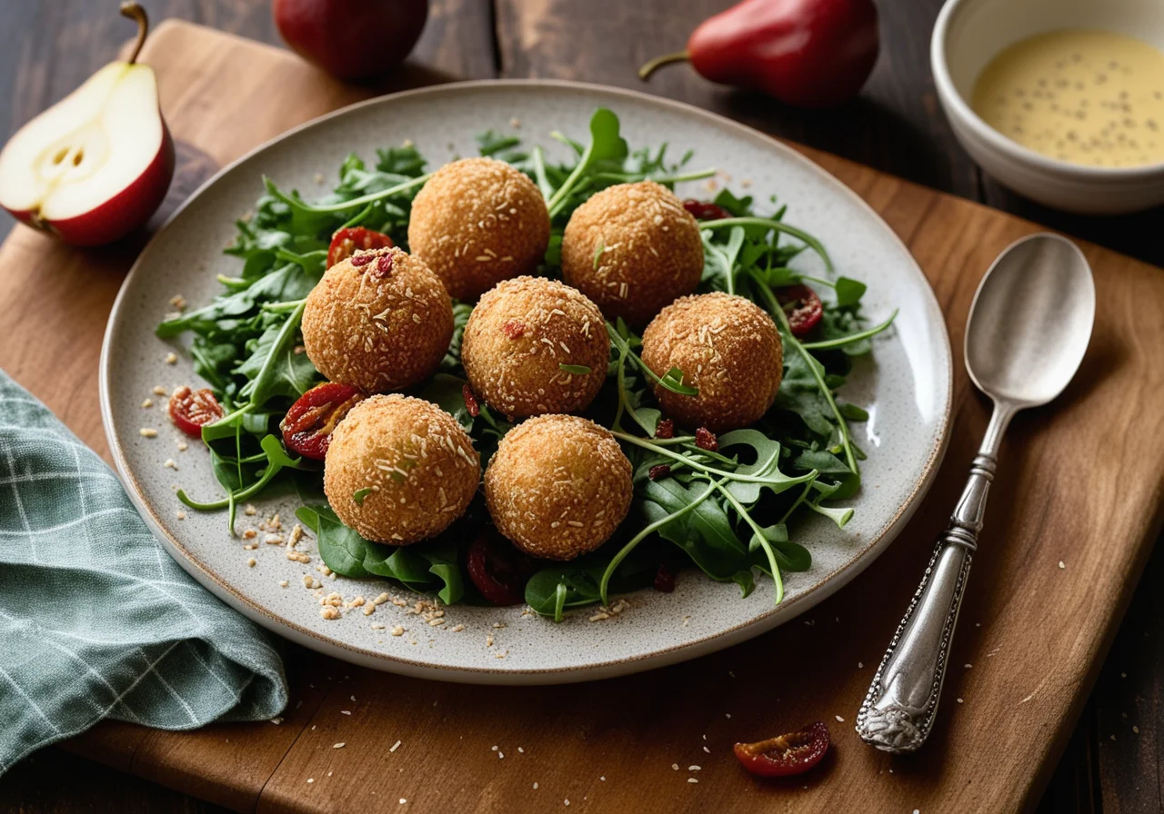 Breaded Roquefort Balls with Arugula and Pears