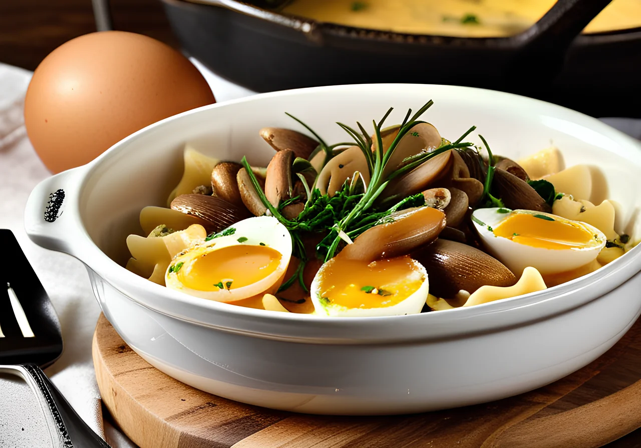 Baked Pasta Skillet with Mushrooms, Eggs, and Cheese