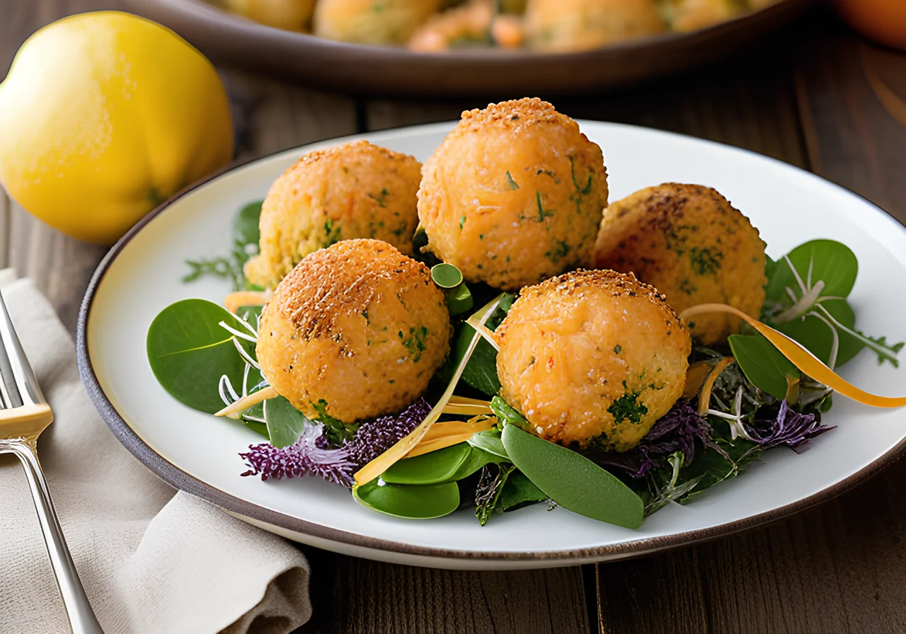 Broccoli Cheese Rice Balls with Spring Salad