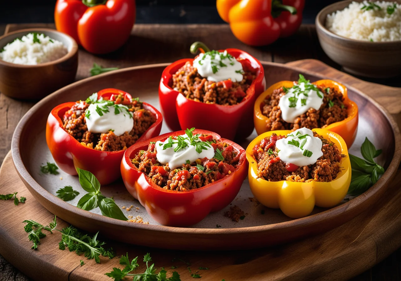 Bell Peppers Stuffed with Ground Meat and Rice
