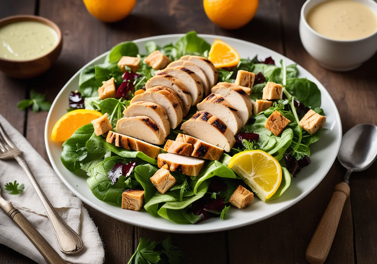 Romaine Lettuce Salad with Chicken Breast and Croutons