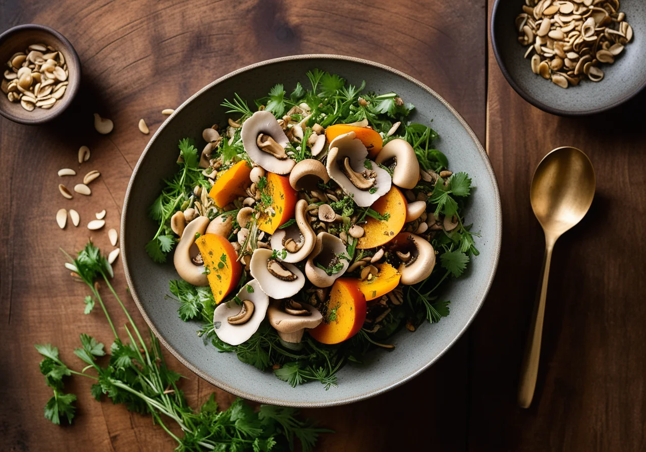Herb Salad with Oyster Mushrooms and Pumpkin Seeds