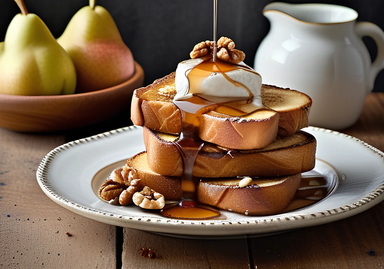 French Toast with Quark, Nuts and Cinnamon Pears