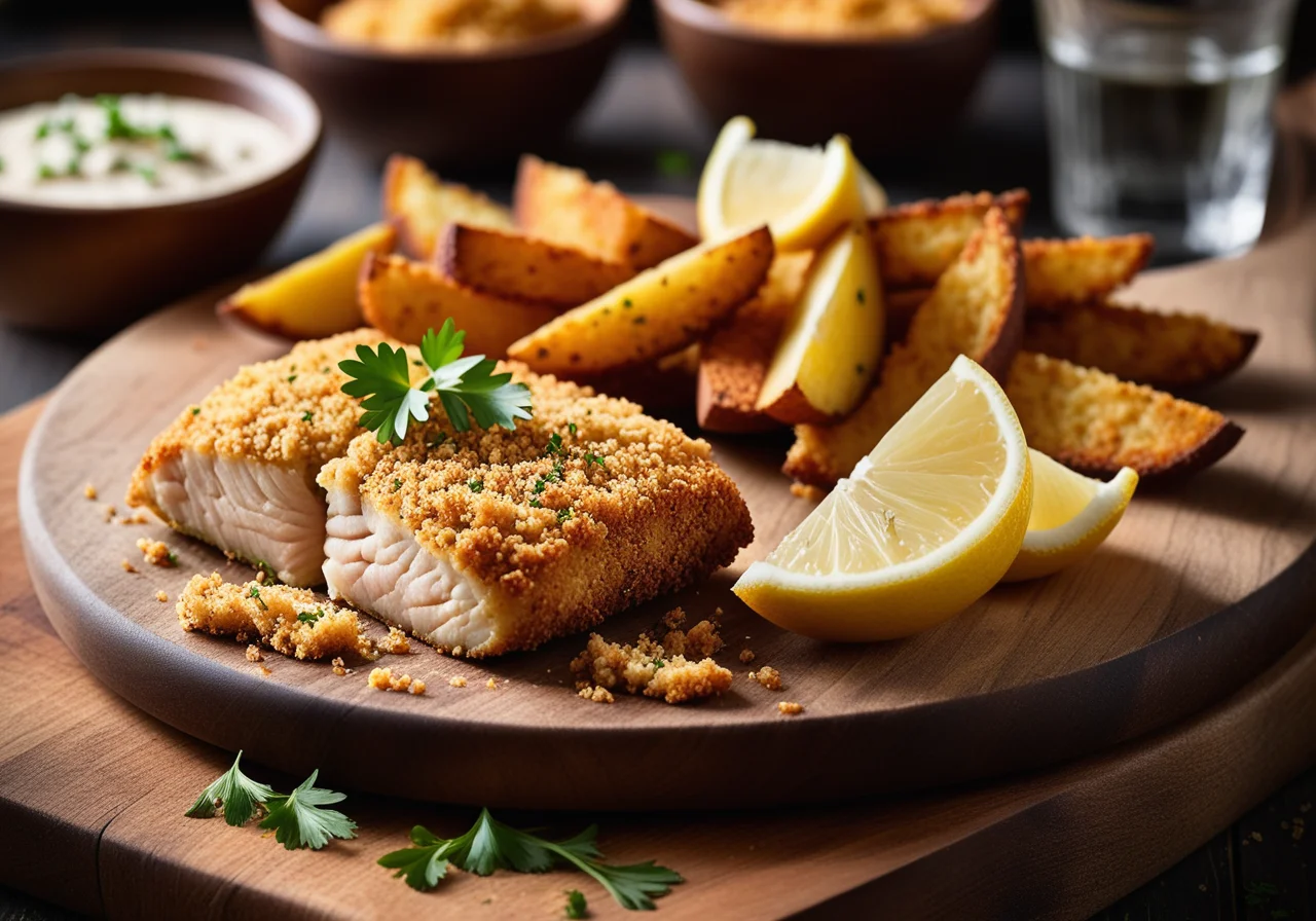 Fish Fillets with Breadcrumb Crust and Potato Wedges
