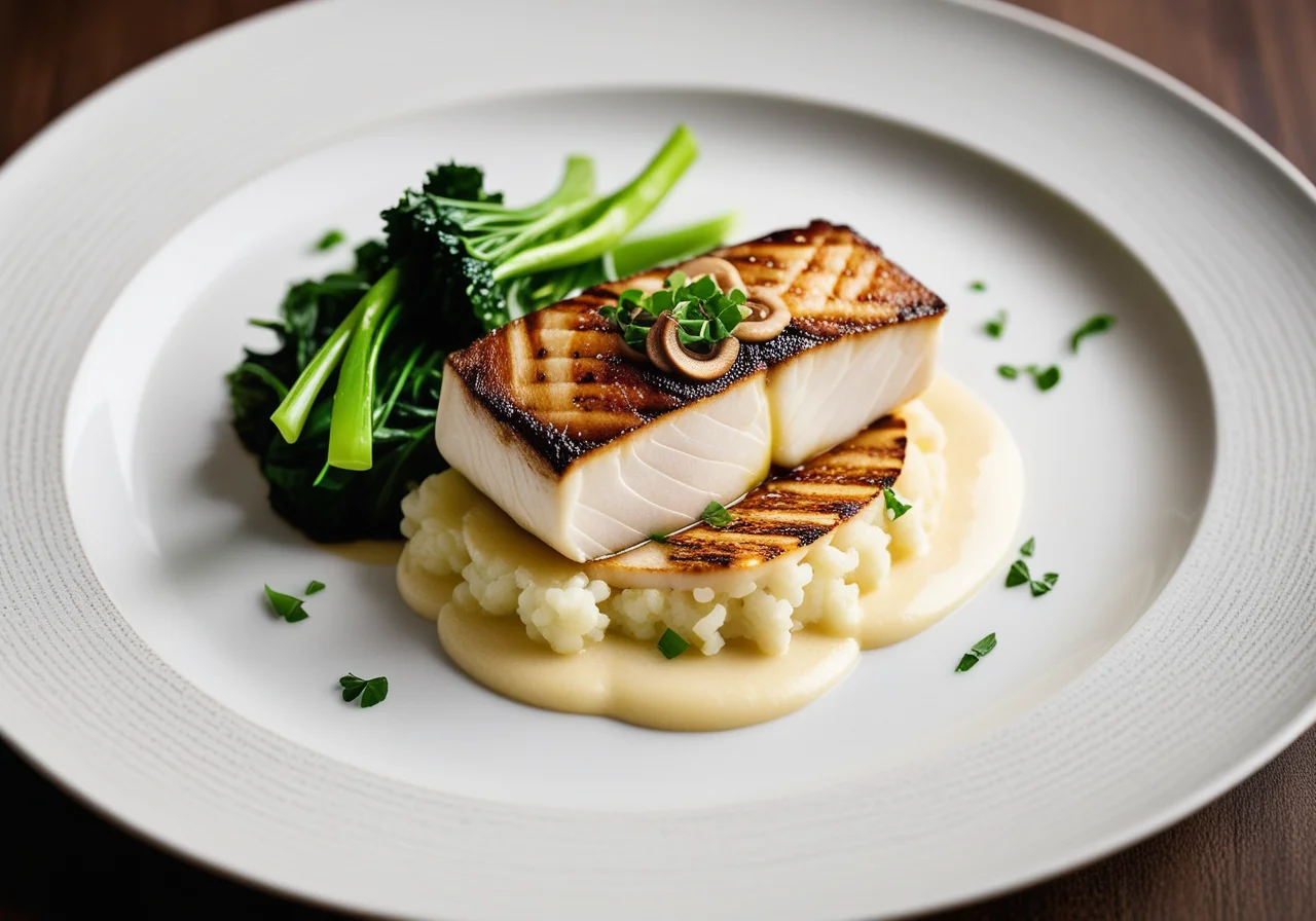 Fried Cod with Cauliflower Purée, Enoki and Pak Choi