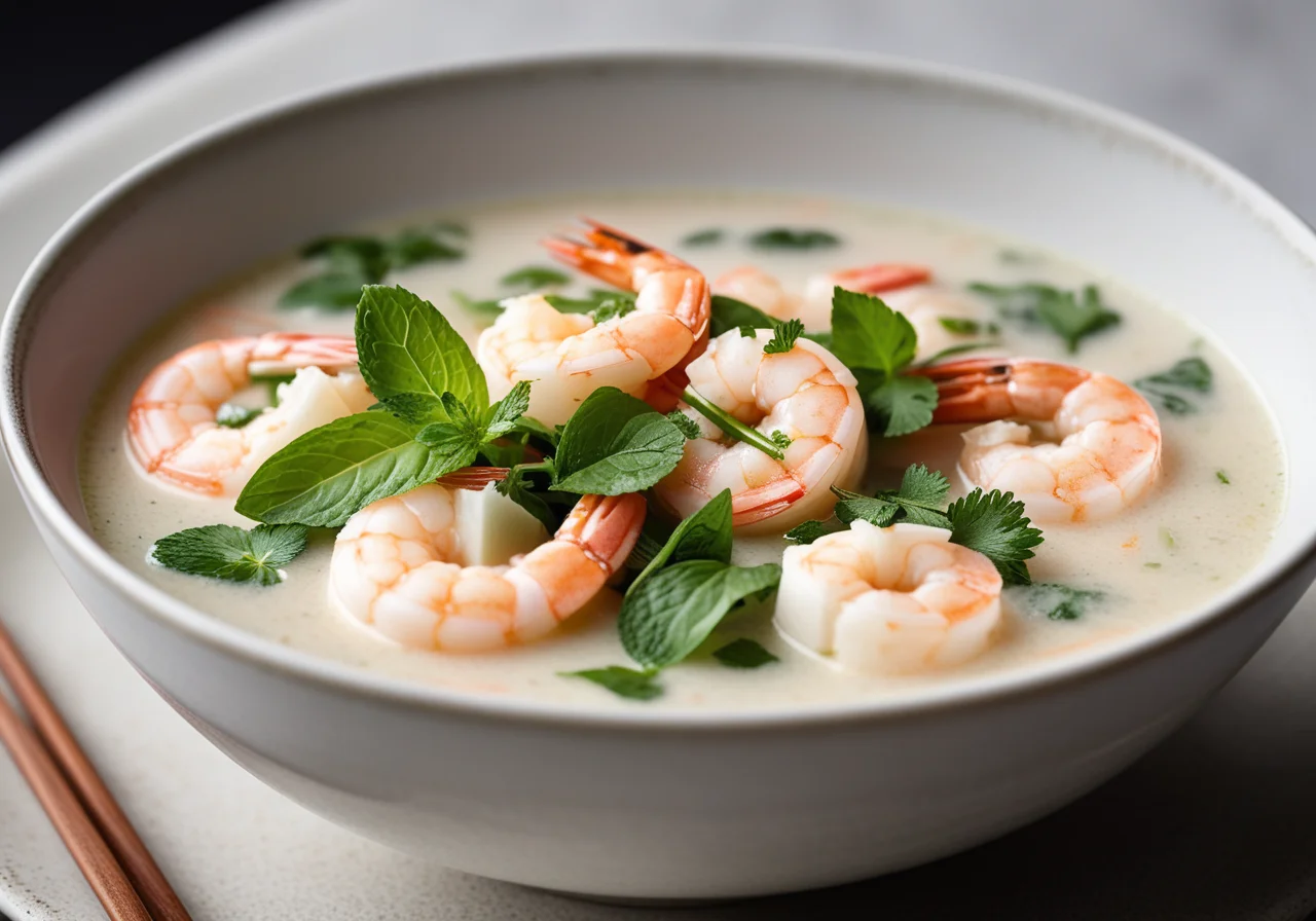 Coconut Milk Soup with Shrimp, Rice Noodles and Soy Sprouts