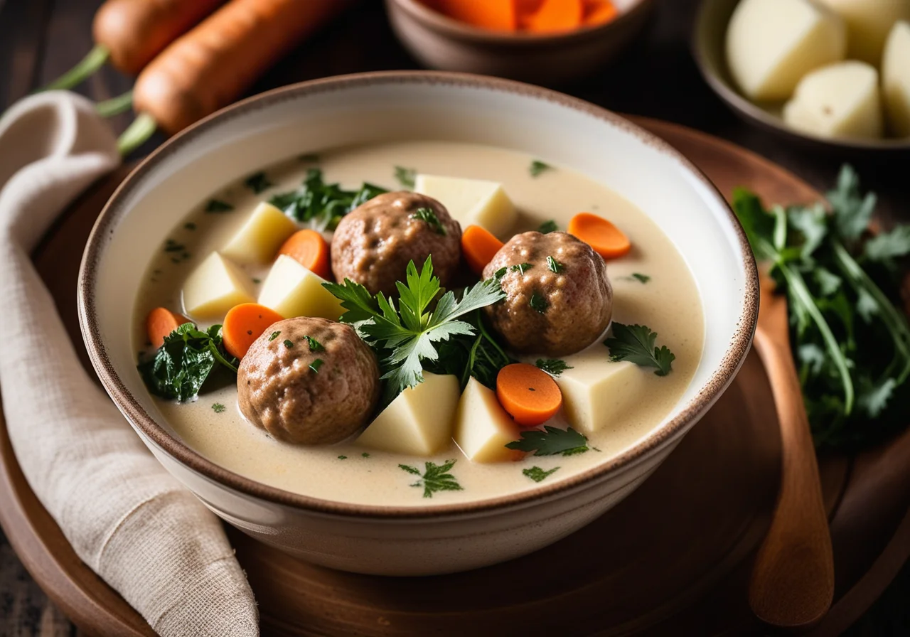 Meatball Soup with Kohlrabi, Carrots and Potatoes