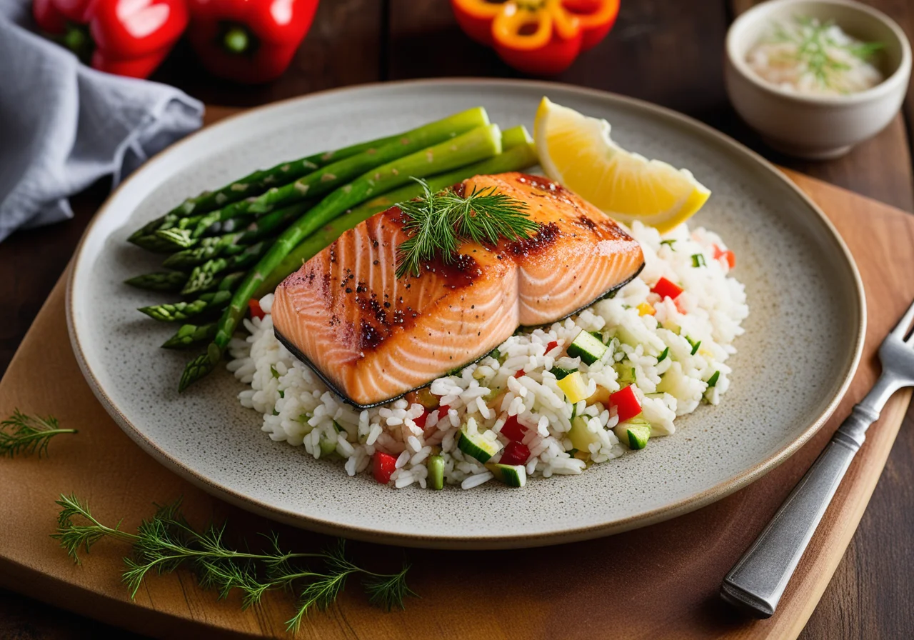 Wild Salmon on Rice with Mixed Vegetables