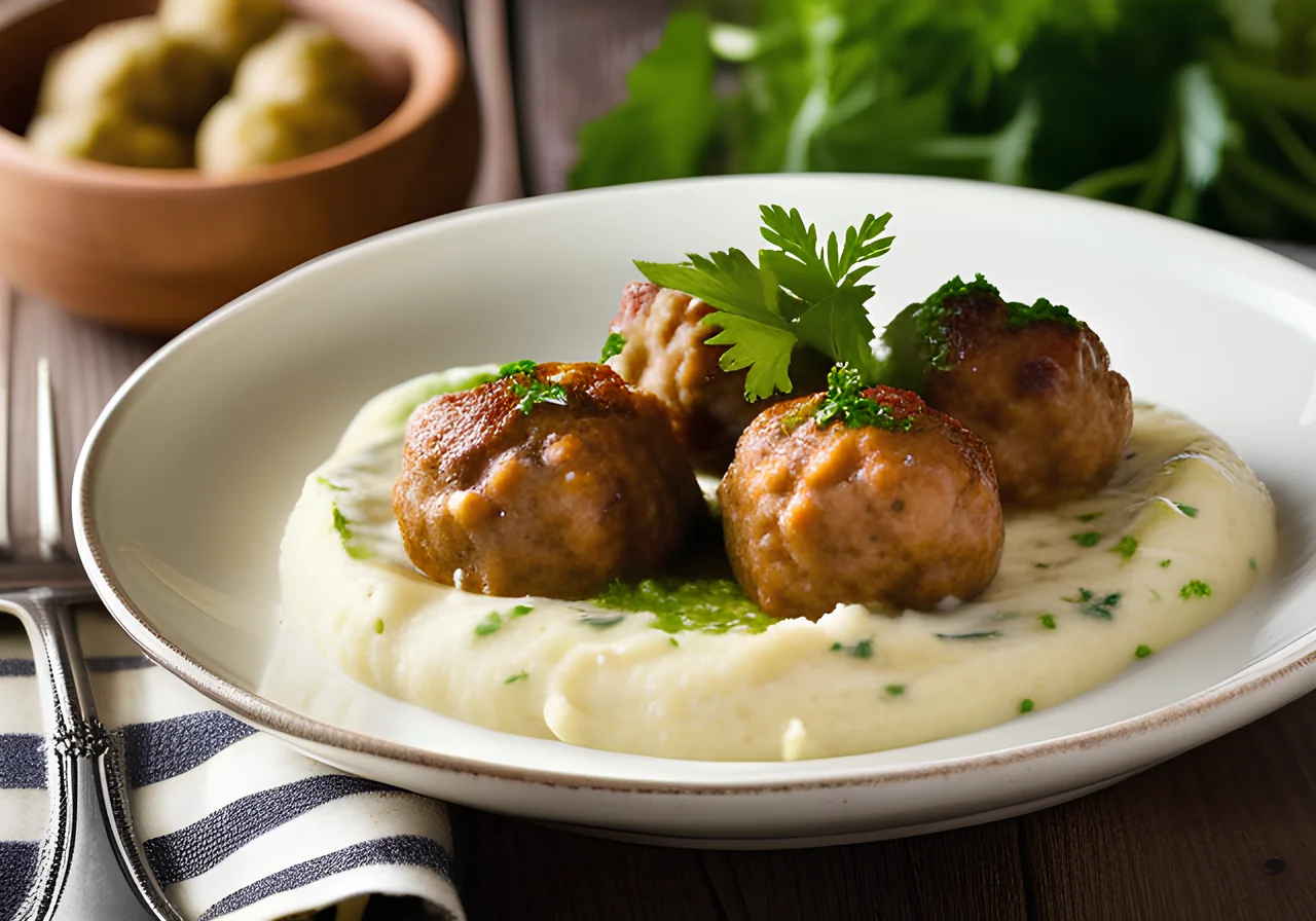 Stewed Cucumbers with Mashed Potatoes and Turkey Meatballs