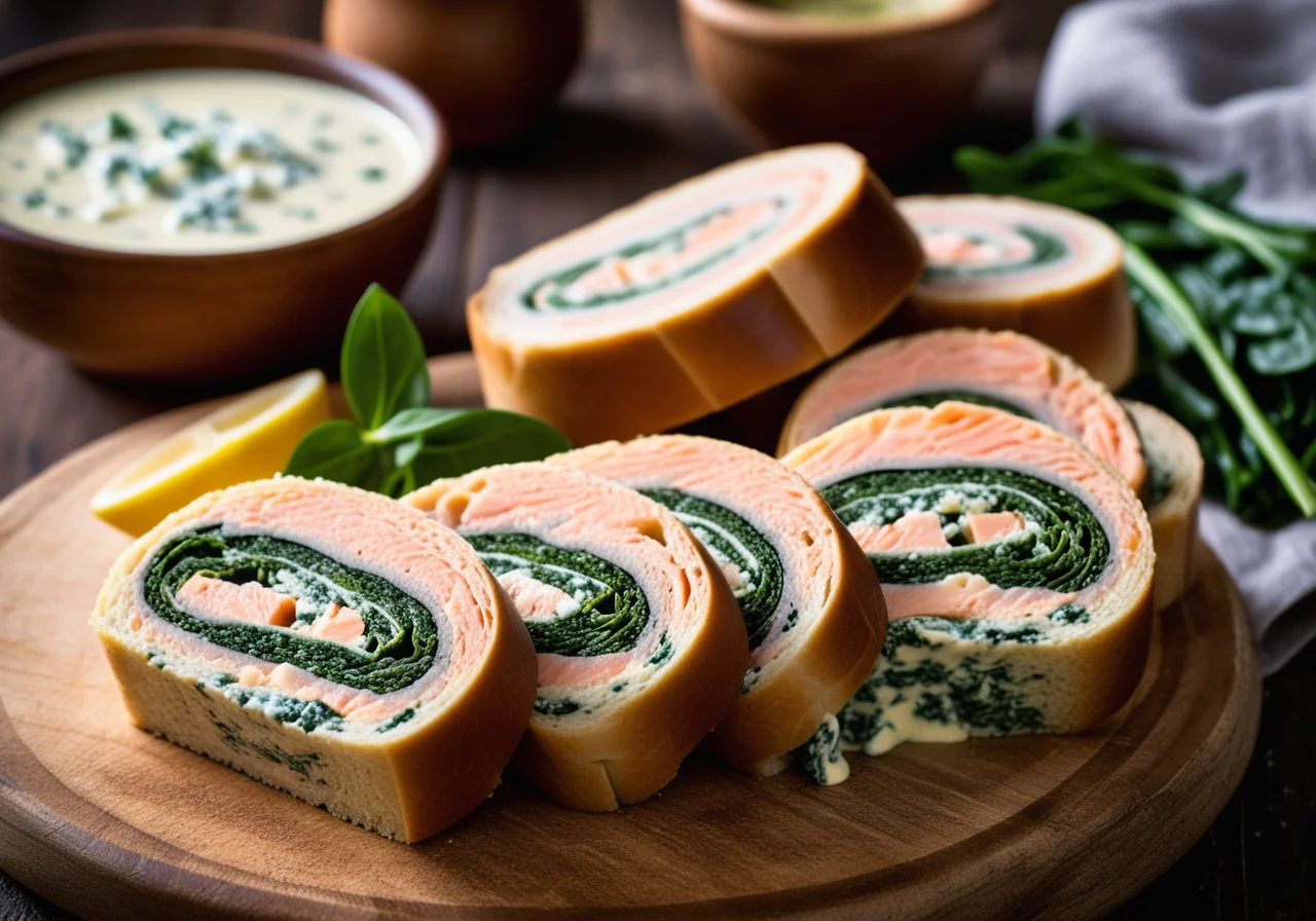 Roll of Salmon and Spinach with Cheese Sauce