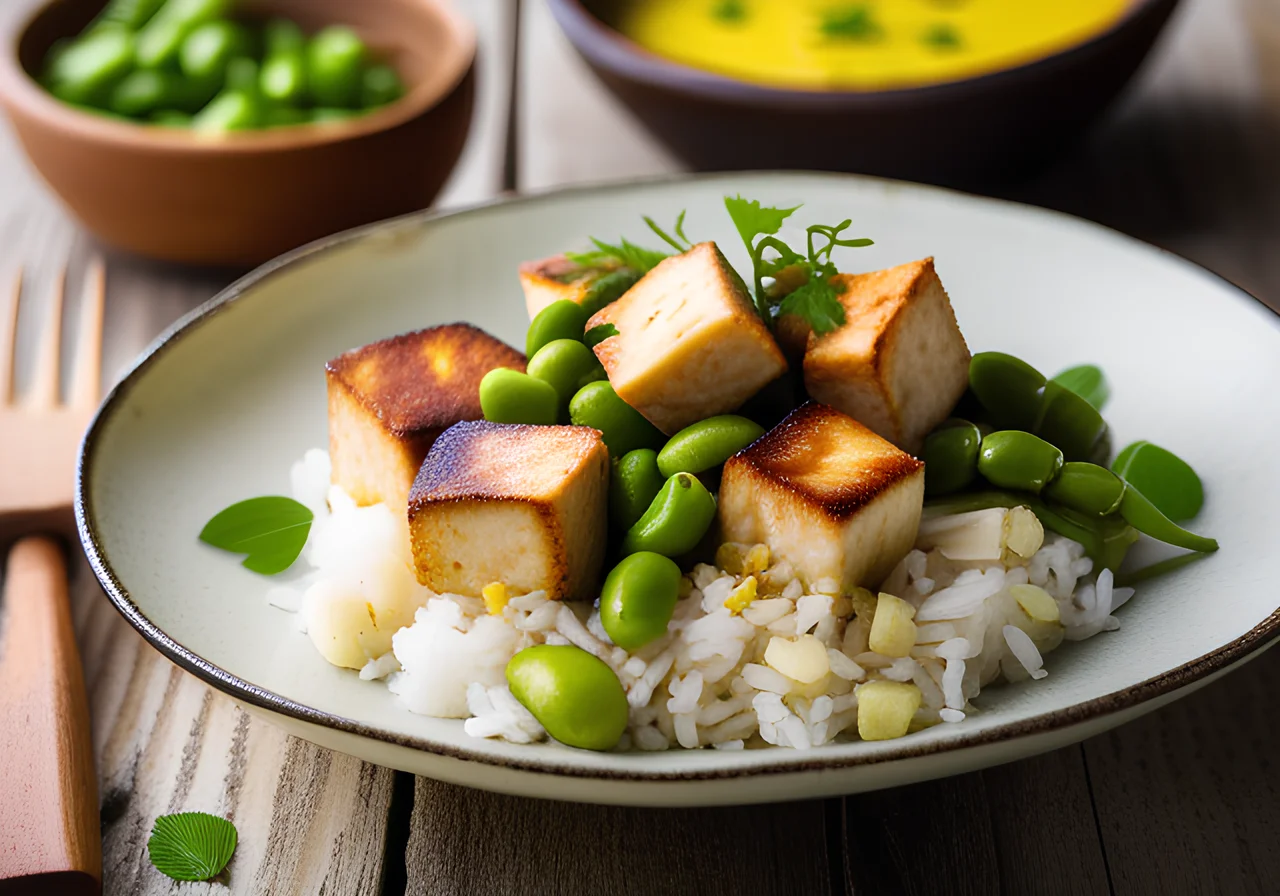One-Pot Rice with Edamame, Sugar Snap Peas and Tofu