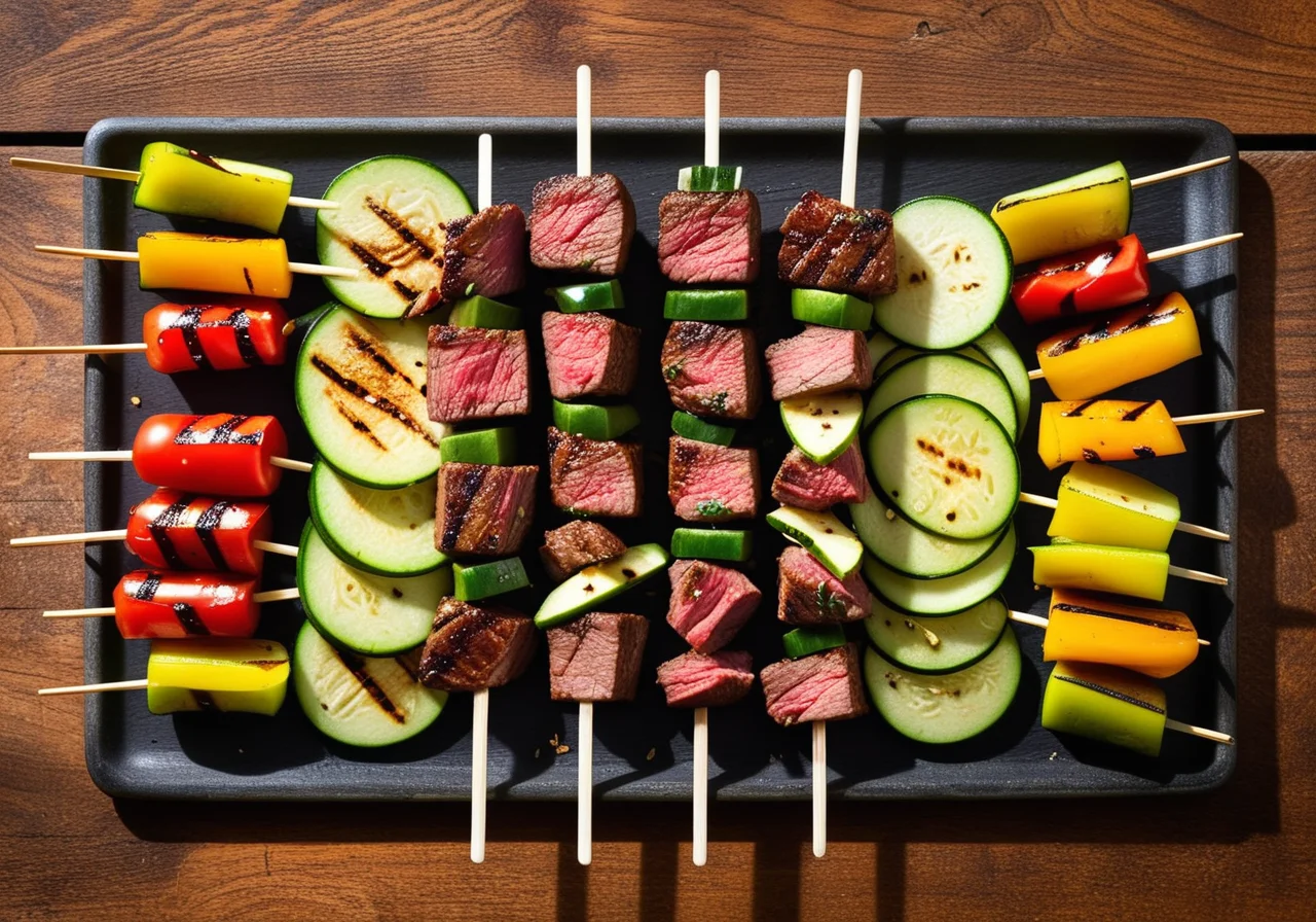Vegetable-Protein Skewers with Sauce and Salad