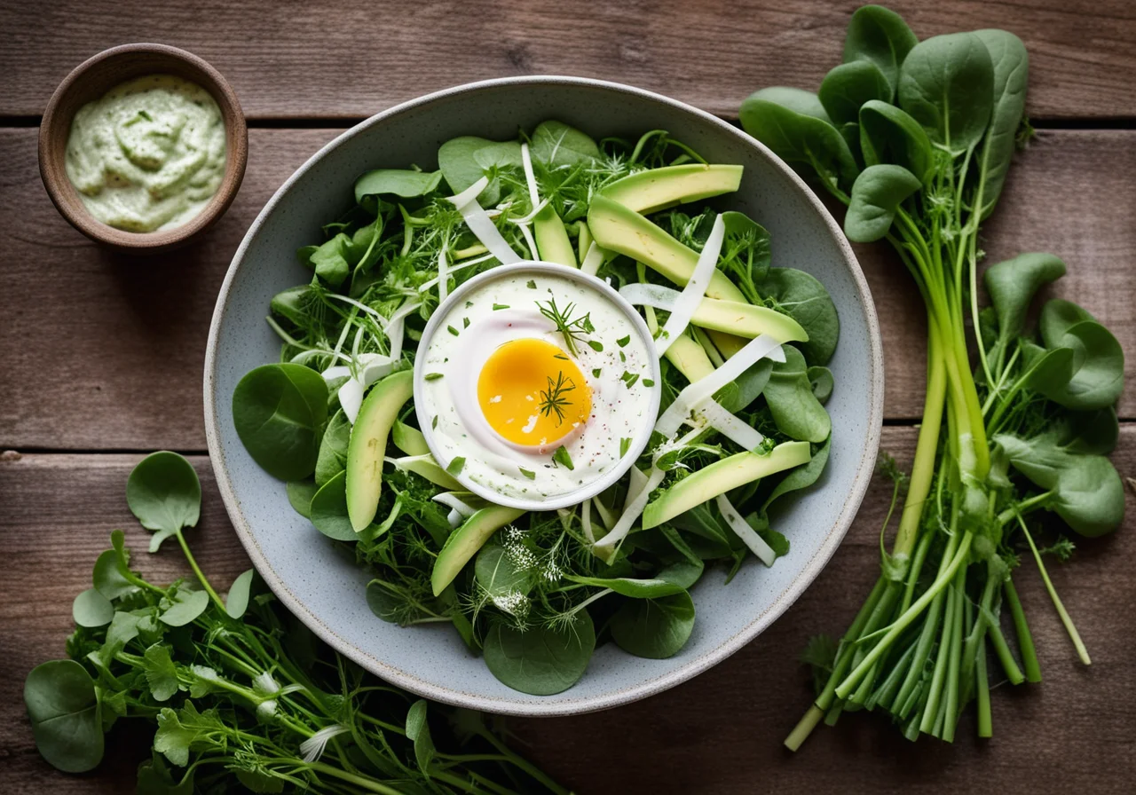 Head lettuce with radishes, avocado and dandelion