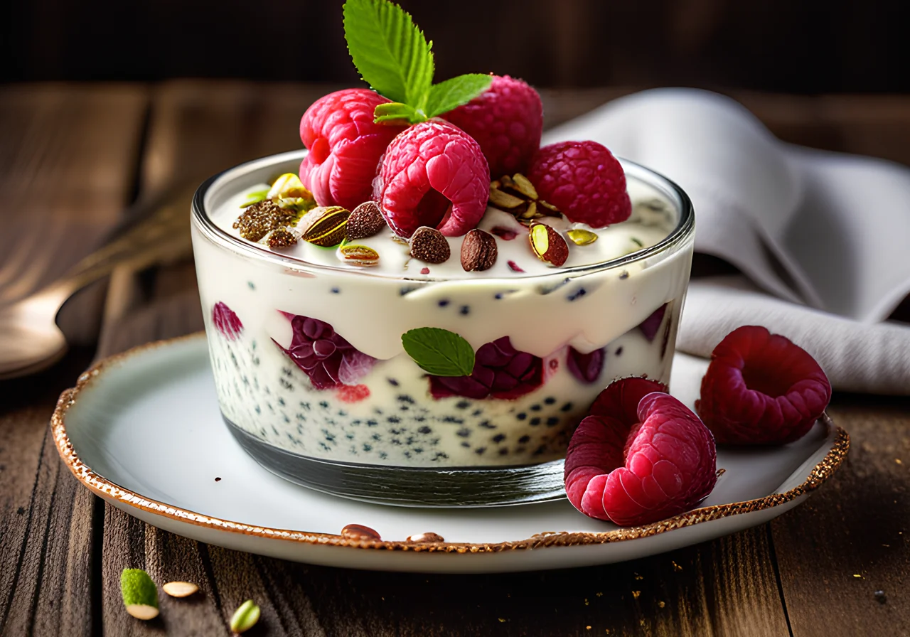Stracciatella Chia Pudding with Raspberries and Pistachios