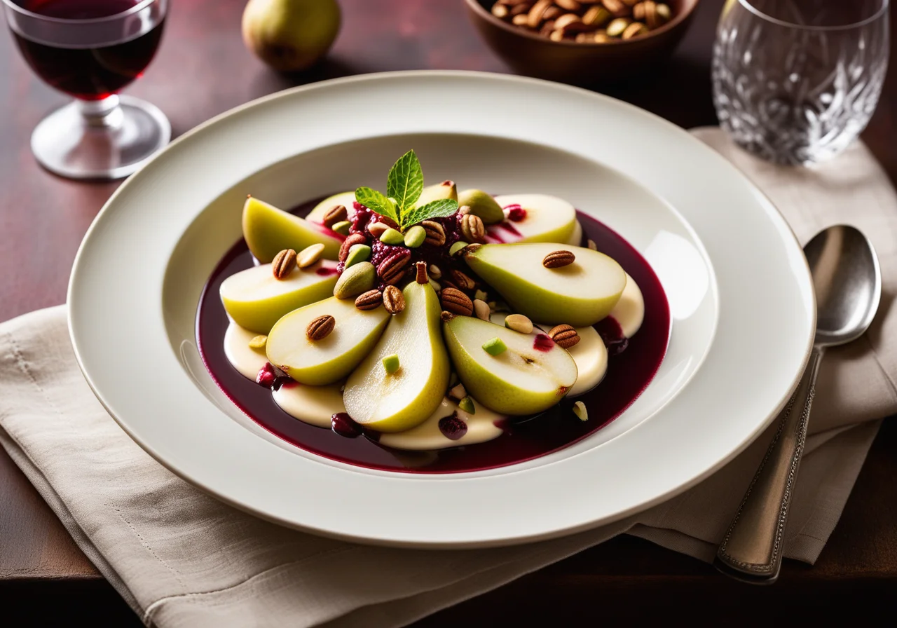 Red Wine Pears with Vanilla Cream and Pistachios