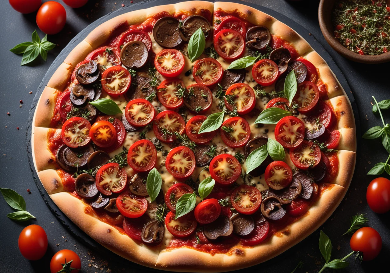 Pizza with Tomatoes, Chorizo and Mushrooms