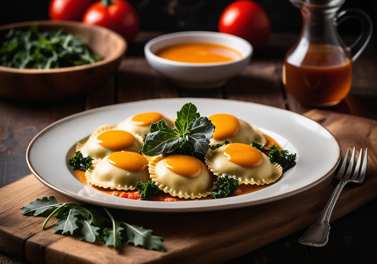 Dough pockets filled with kale and tomato sauce