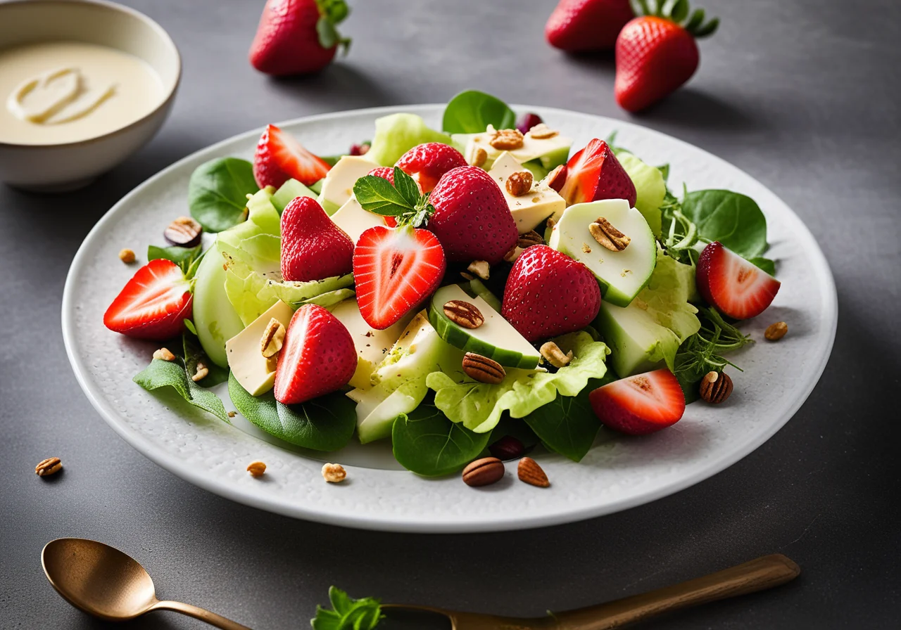Summer Salad with Strawberries, Cucumbers, Nuts and Smoked Sheep Cheese