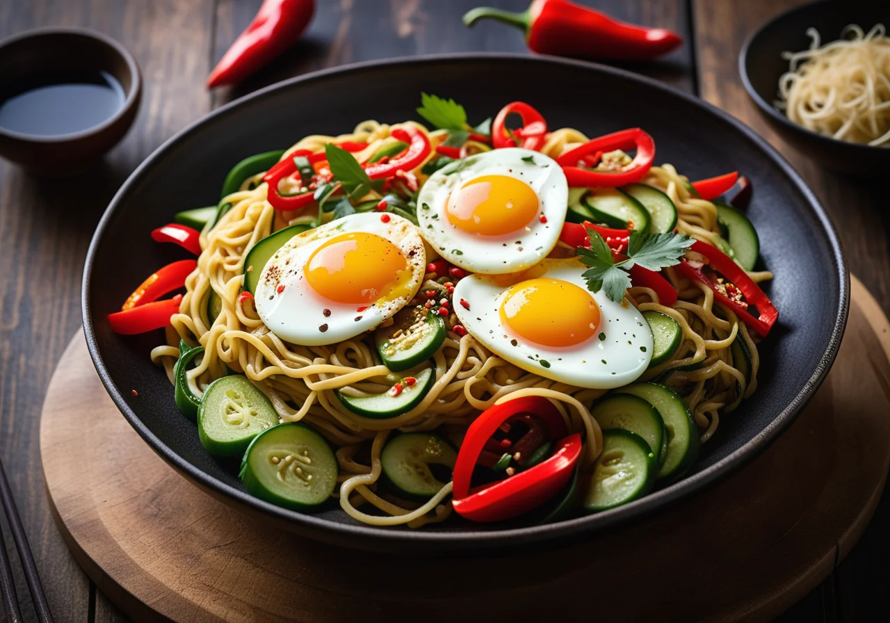 Stir‑Fried Vegetables and Wild Garlic in a Wok with Egg Noodles