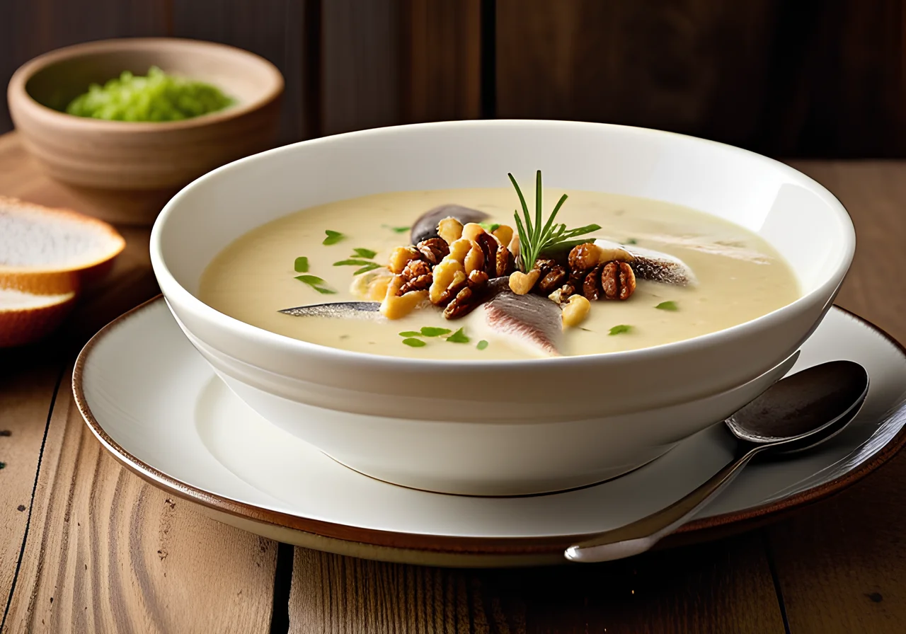 Potato Soup with Smoked Mackerel and Walnut Kernels
