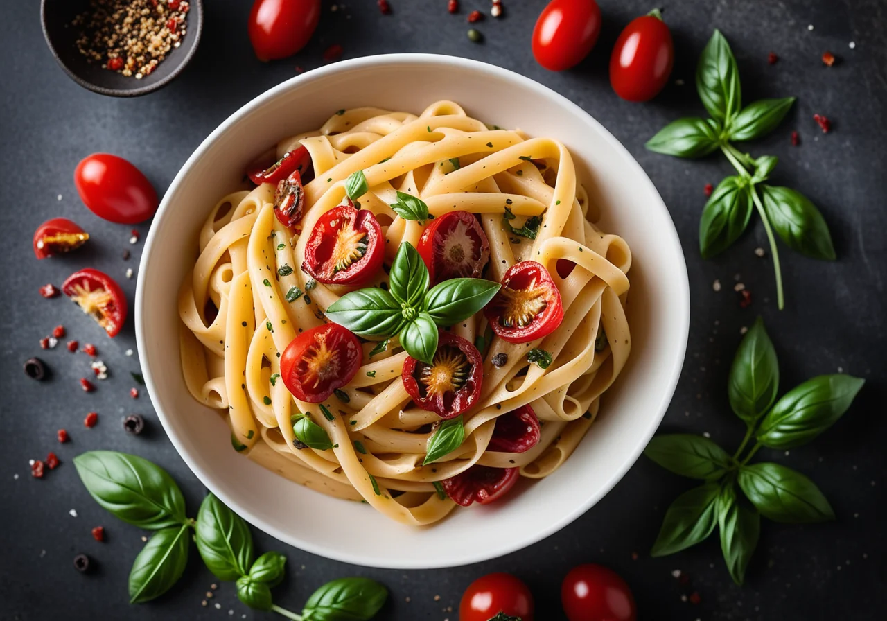 Pasta with Dried Tomatoes, Olives and Basil
