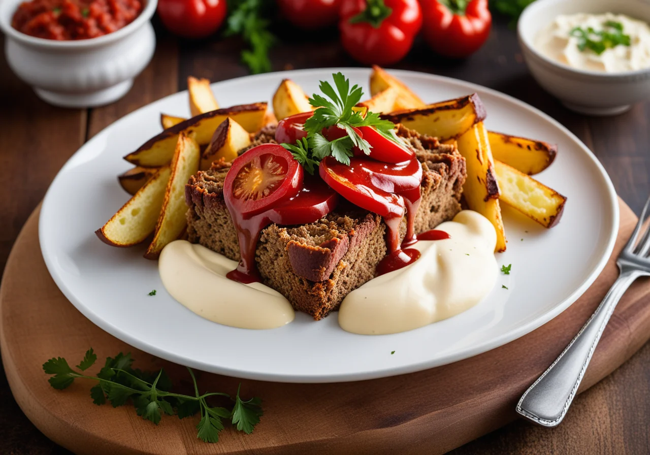 Roast Meat with Sheep Cheese and Fried Potatoes