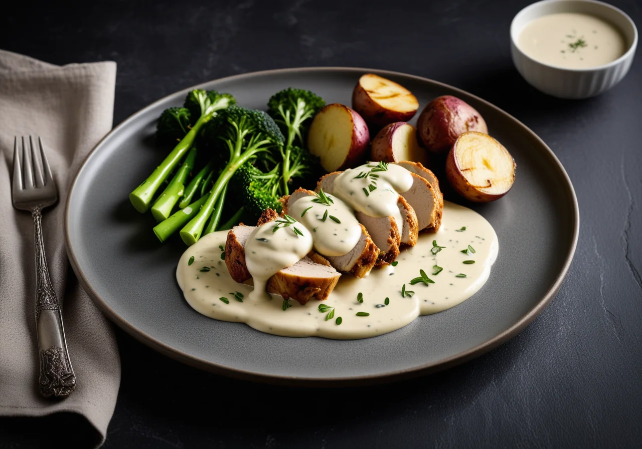 Chicken Breast Fillet with Tarragon Cream Sauce, Broccoli and Potatoes
